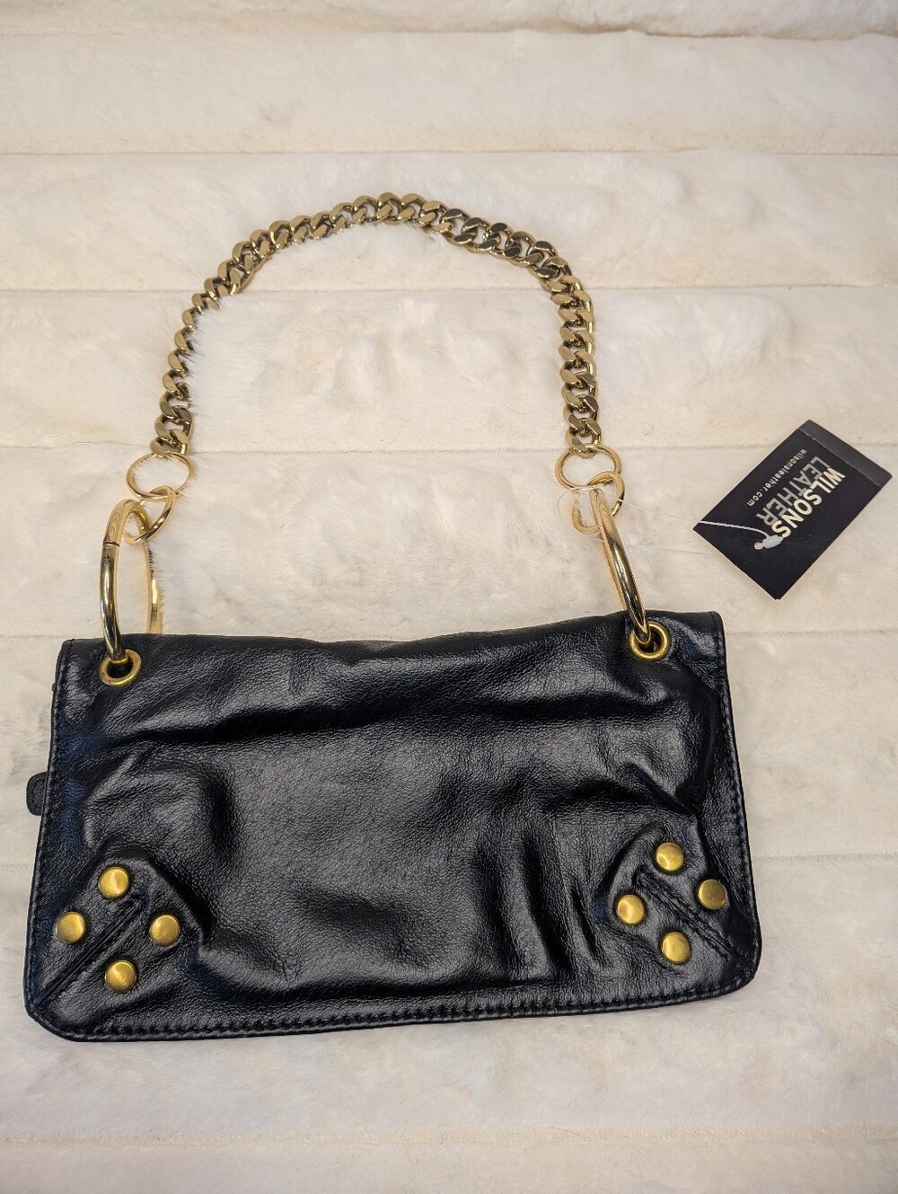 Vintage Wilson's Leather Black Leather Shoulder Bag Chunky Gold Chain Handle
